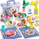 Juboury Wooden Play Food Sets for Kid Kitchen with Stainless Steel Cookware, Standard Pack of 26