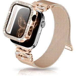 Magnetic Band for Women Compatible with Apple Watch Band 38mm 40mm 41mm 42mm 44mm 45mm 46mm Milanese Stainless Steel Loop with Bling Protective Case, Dressy Metal Strap Replacement iWatch Band (Rose Gold)