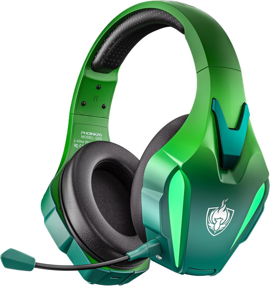 PHOINIKAS Wireless Gaming Headset for PS4 PS5 PC Switch, Wireless Gaming Over Ear Headphones with Detachable Noise Canceling Mic, 7.1 Stereo Sound, Only 3.5mm Wired Mode for XboxSeires Dazzle Green