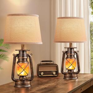 LEDIARY 18.72" Black Gold Vintage Lantern Flickering Flame Table Lamps for Bedrooms Set of 2, Small Farmhouse Rustic Vintage End Table Lamps, Halloween Decorative Lantern Bedside Lamps for Living Room