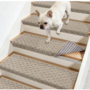 JSEI Bullnose Carpet Stair Treads, 14 Pcs Non Slip Stair Treads for Wooden Steps Indoor with TPE Backing, 11" x 30" Machine Washable Stair Runners with Edge Protection for Kids, Elders and Pets, Beige