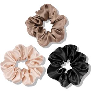 OLESILK 100% Mulberry Silk-Scrunchies for Hair Sleep, Women Grils Silk Hair Ties for Frizz & Breakage Curly Hair, No Damage, Elastics Ponytail Holder, 3 Pack (3pcs, Black-Camel-Co Co)