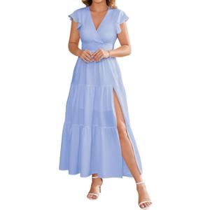 Summer Split Tiered Dress - A-Line Flowy Tiered Maxi Dress : 2025 Causal Wrap V Neck Ruffle Sleeve Beach Sundress(Blue) L