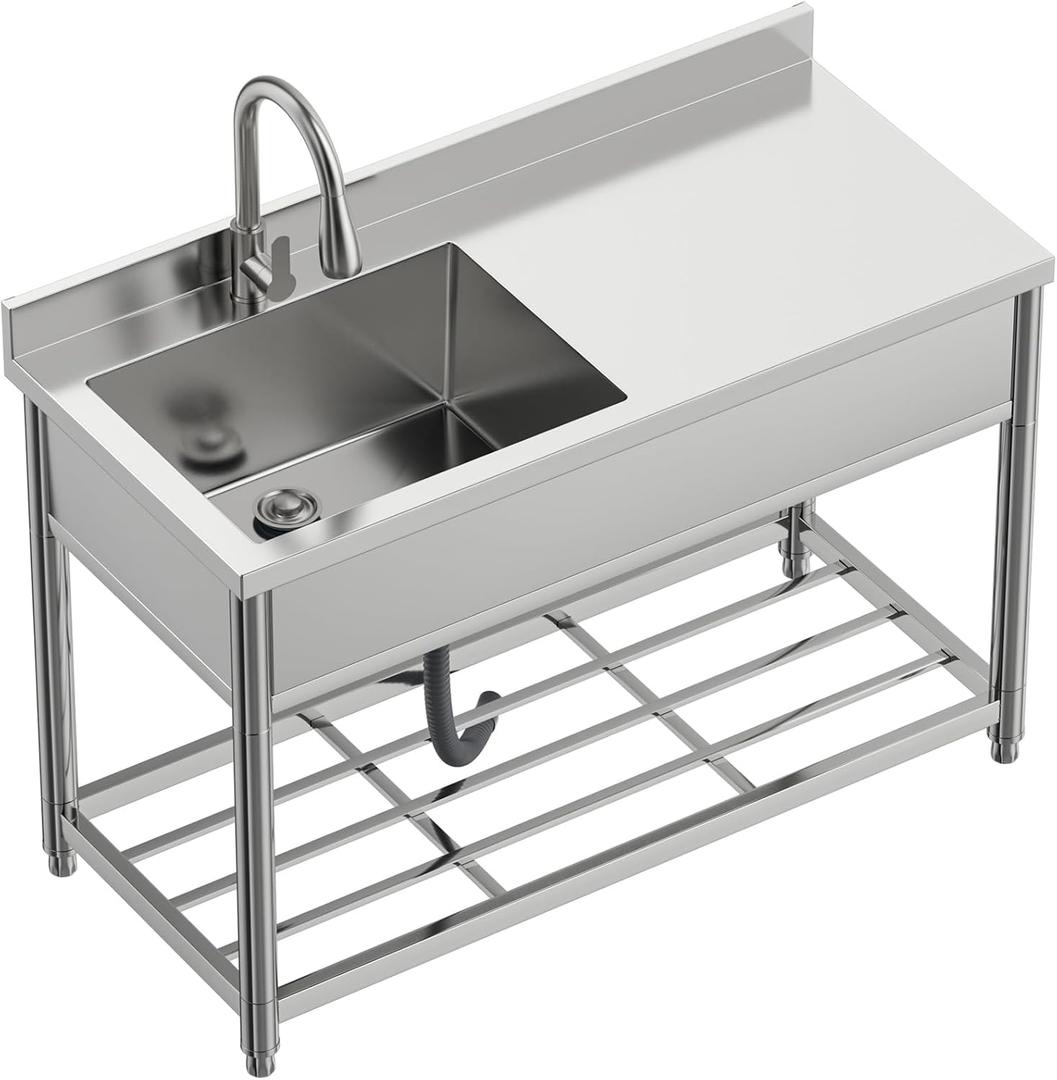 GGW Commercial Sink with Drainboard, Stainless Steel Utility Sink with Pull-out Faucet, Free Standing Single Bowl Kitchen Sink with Workbench for Restaurant, Garage, Outoor, 21.7"D x 47.2"W x 37"H, Large