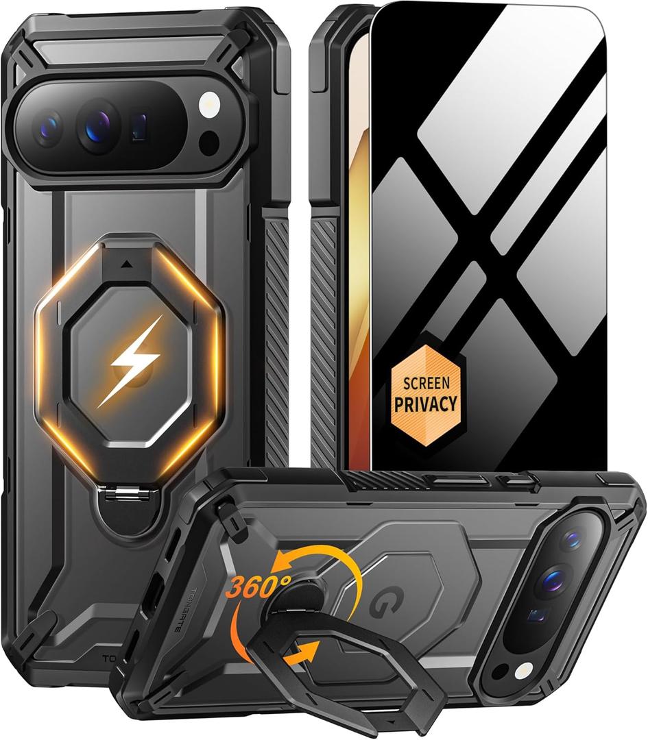 TONGATE for Pixel 10 Pro Case/Pixel 10 Case with 360 Spin Magnetic Stand, Compatible with MagSafe, Privacy Screen Protector, Military Grade Protection for Google 10Pro Phone Case, Black