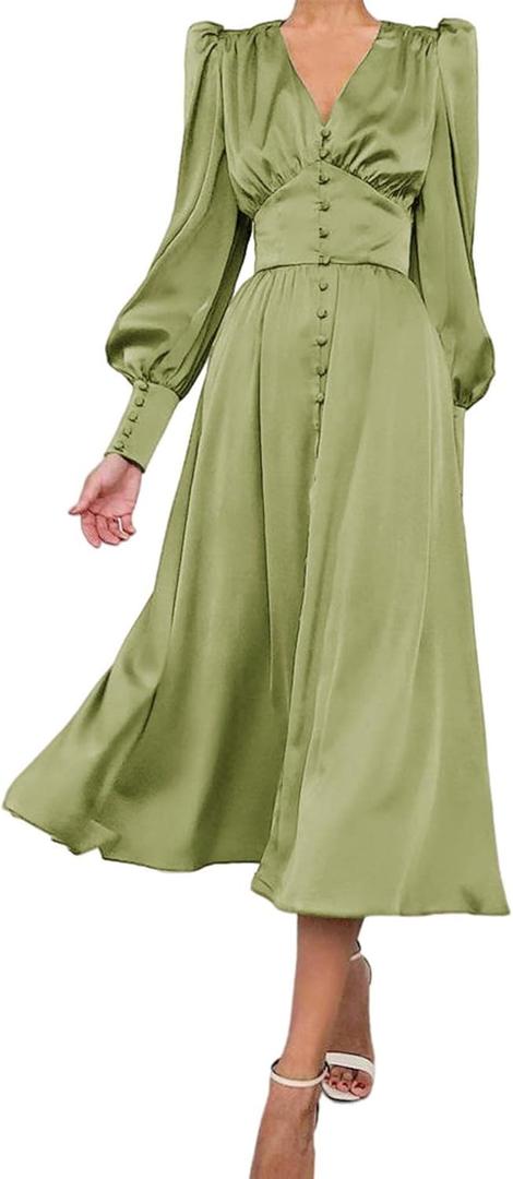 xxxiticat Women's Puff Sleeve Satin Maxi Dress Long Lantern Sleeve Button Down Ruffle Single Breasted Vintage Midi Dresses (Light Green) M