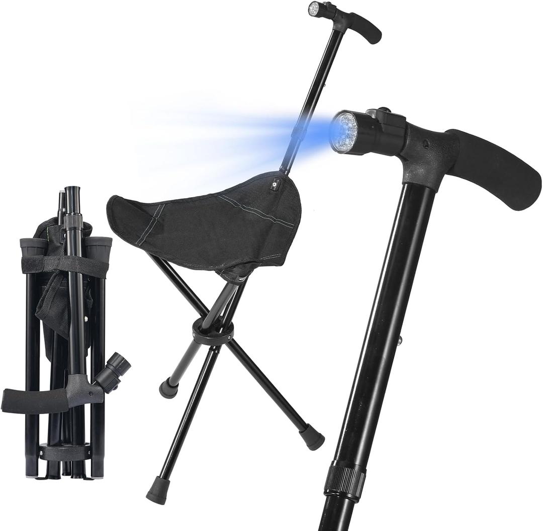 Foldable Cane with Seat&Light - Adjustable Lightweight Walking Stick for Seniors & Elderly, Portable Mobility Aid with Padded Seat and Non-Slip Base for Outdoor Walking, Hiking, and Travel Assistance