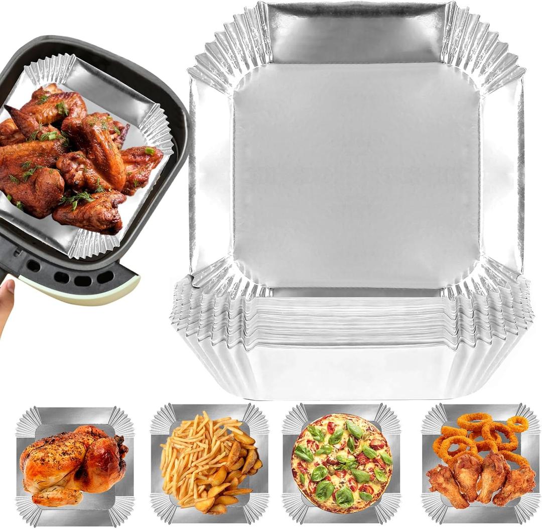 Air Fryer Paper Liners, 100Pcs Aluminum Foil Air Fryer Disposable Paper Liner, 6.3 Square Non-stick Sheets, Food Grade Aluminum Foil for Baking, Frying, Grilling, Roasting Microwave
