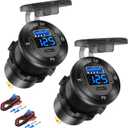 2 PACK 12V USB Car Socket Round USB C 12V Outlet, 3-Port Marine Fast Charger Waterproof Cigarette Outlet Replacement Aluminum with Switch and Voltmeter, Suitable for Boat Golf Cart RV Motorcycle