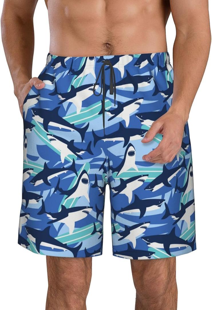 Ocean Shark Mens Swim Trunks with Liner Pockets 9" Quick Dry Beach Shorts Funny Bathing Suit Swimwear, L