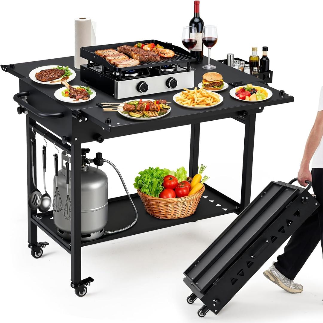 Portable Outdoor Grill Table with Wheels, Heavy-Duty Steel Prep Table, Folding Griddle Stand with Shelves, Bottle Opener, No Assembly Required, for BBQ, Pizza Oven, Patio, 42.5*36*30.7- Black
