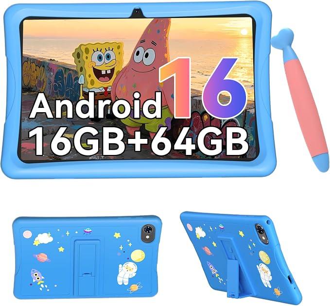 Kids Tablet 10 inch, Android 16 Tablet for Kids Ages 6-12, 16GB RAM 64GB ROM 2TB Expand, Parental Control, HD Eye Protection, Includes Case & Stylus Pen, WiFi, Blue
