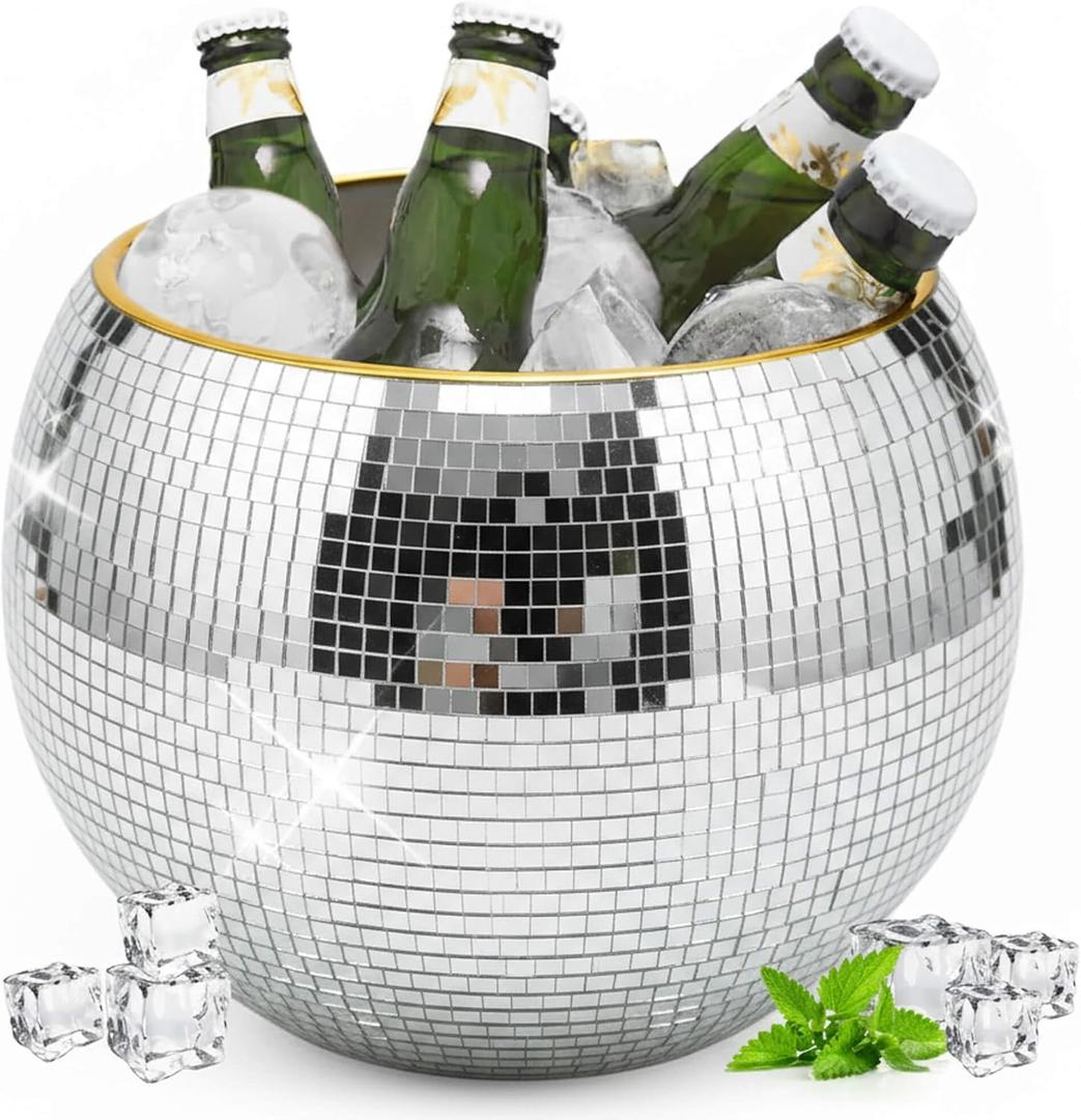 9.8 Inch Disco Ball Ice Bucket, Mirror Silver Cooler for Wine, Beer & Champagne, Perfect Retro Party Accessory