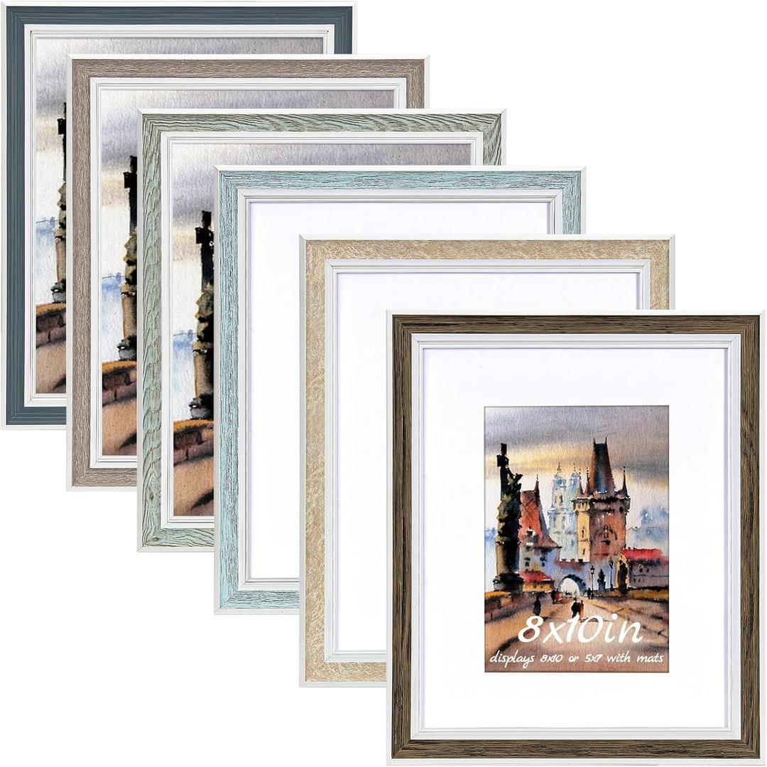 Daofary 8x10 Picture Frame Set of 6, Rustic Farmhouse Photo Frame, Display 5x7 with Mat or 8x10 Without Mat for Decorative on Wall Hanging and Tabletop Placement