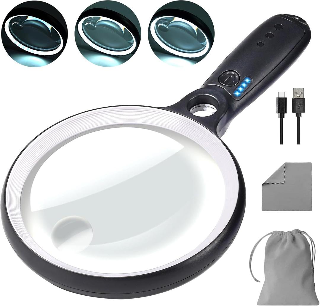 Large Magnifying Glass with 37 LED Light, 10X 20X 45X Handheld Illuminated Lighted Magnifier with 3 Light Modes Rechargeable Magnifying Glass for Seniors Reading, Inspection (White & Black)