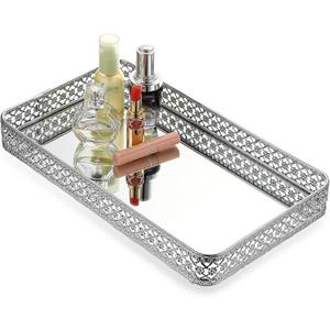 ELLDOO Perfume & Makeup Mirror Tray - Silver Metal Organizer for Dresser & Bathroom Countertop, Hollow-Carved Design Jewelry Storage Large Size 13.8" x 7.9" (13.8" x 7.9" x 2")