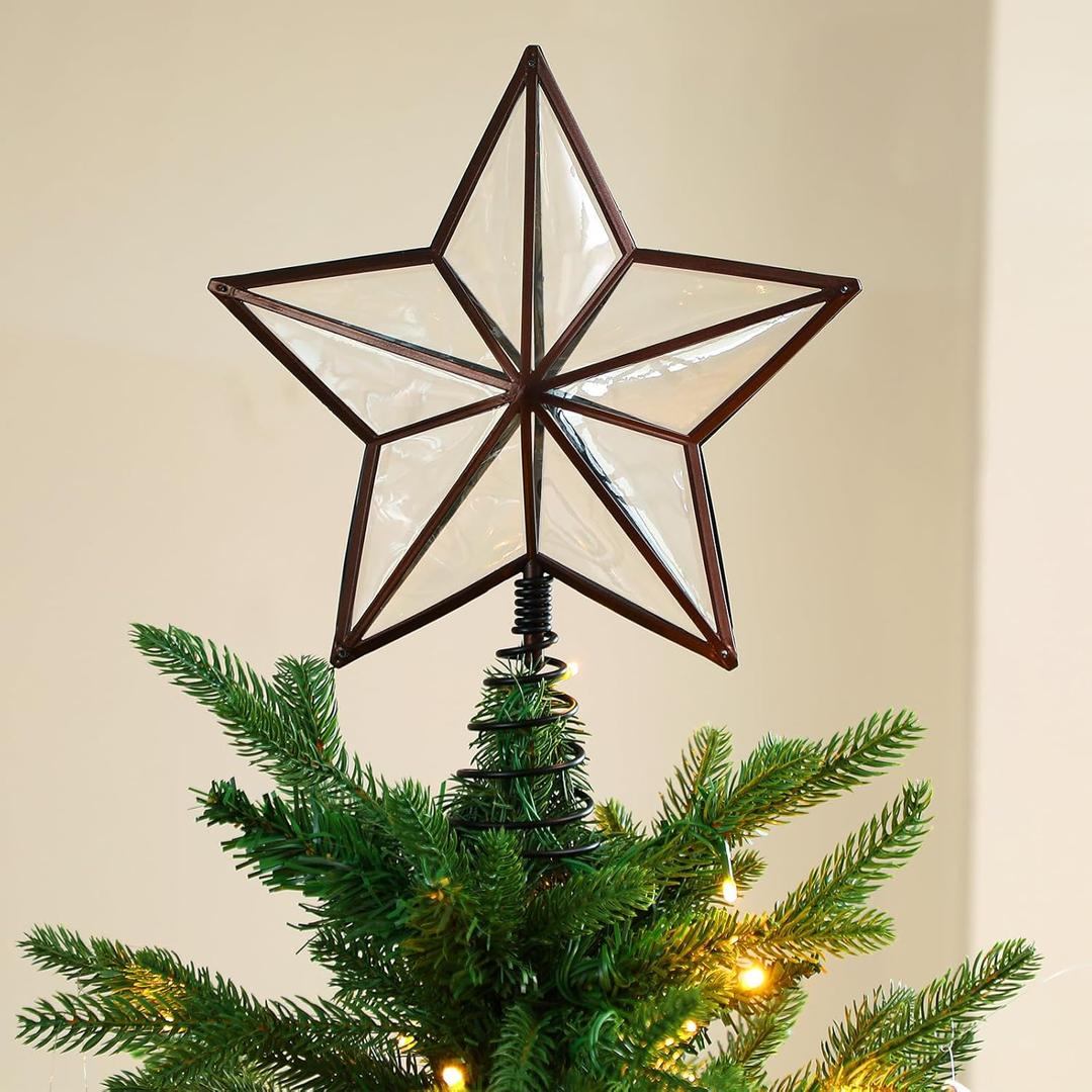 Gejoy 9.8 Inches Christmas Tree Toppers Star Xmas Five Pointed Star Decorations Imitation Transparent Glass Effect Christmas Tree Topper Holiday Ornament Party Office Decorations