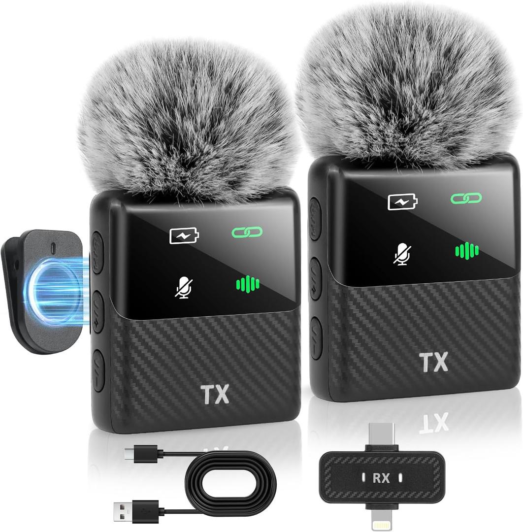 Mini Wireless Lavalier Microphone for iPhone, iPad, Android Phone, Noise Reduction Plug and Play Magnetic Clip on Lapel Mic for Video Recording Podcast Vlogging