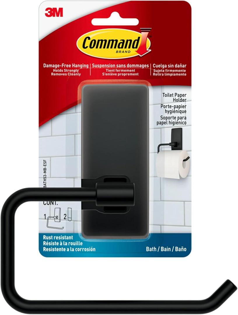 Command Toilet Paper Holder Matte Black with Water Resistant Command Strips, Rust Resistant Bathroom Organizer (Large)