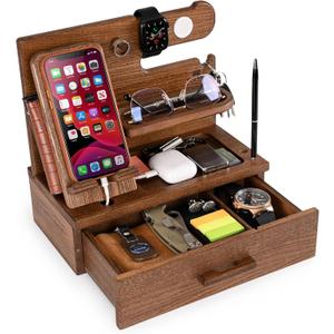 TESLYAR Wood Phone Docking Station with Drawer - Nightstand Organizer - Desk Organizer for Husband - Birthday Gifts for Men, Dad, Anniversary Idea, Key Holder Stand Watch & Accessories (Earth Beige)