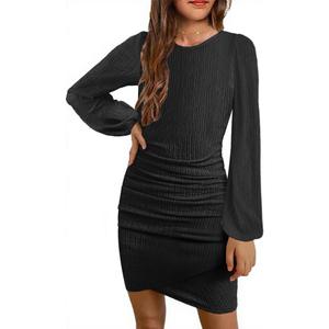 MITILLY Girls Fall Dress Long Sleeve Formal Short Dress with Slit Ruched Bodycon Party Prom Dance Graduation Fancy (Black, S)