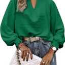 Womens Tops Dressy Casual Long Sleeve Shirts Loose V Neck Business Work Tunic Blouses (Green, L)