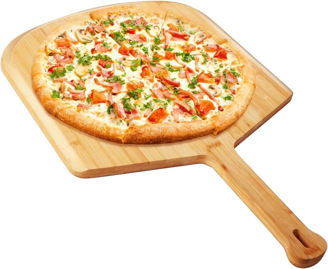 16 Inch Kitchen Bamboo Pizza Peel, Large 16” Board Pizza Paddle with Long Handle, Easy-Glide Beveled Edge for Baking, Transferring & Serving – Sturdy Wood Pizza Cutting Boards (Natural wood color), 16"L x 0.5"W