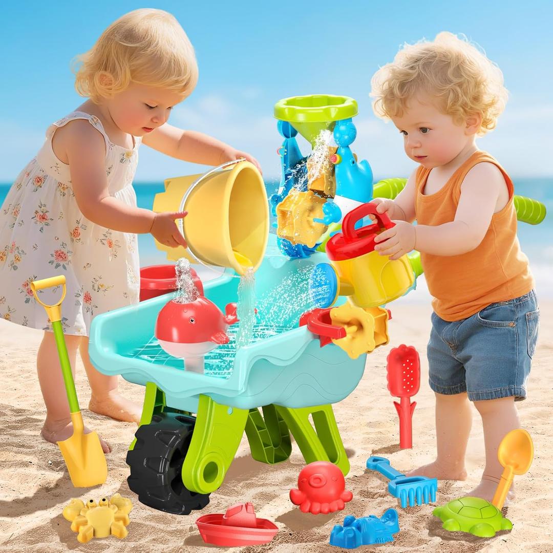 Beach Water Sand Toys for Kids - Beach Toy Trolley Car with Shovel Tool Kit, Beach & Animal Molds - Summer Outdoor Gift Sensory Sand Toys for Boys Girls Toddlers 3-5