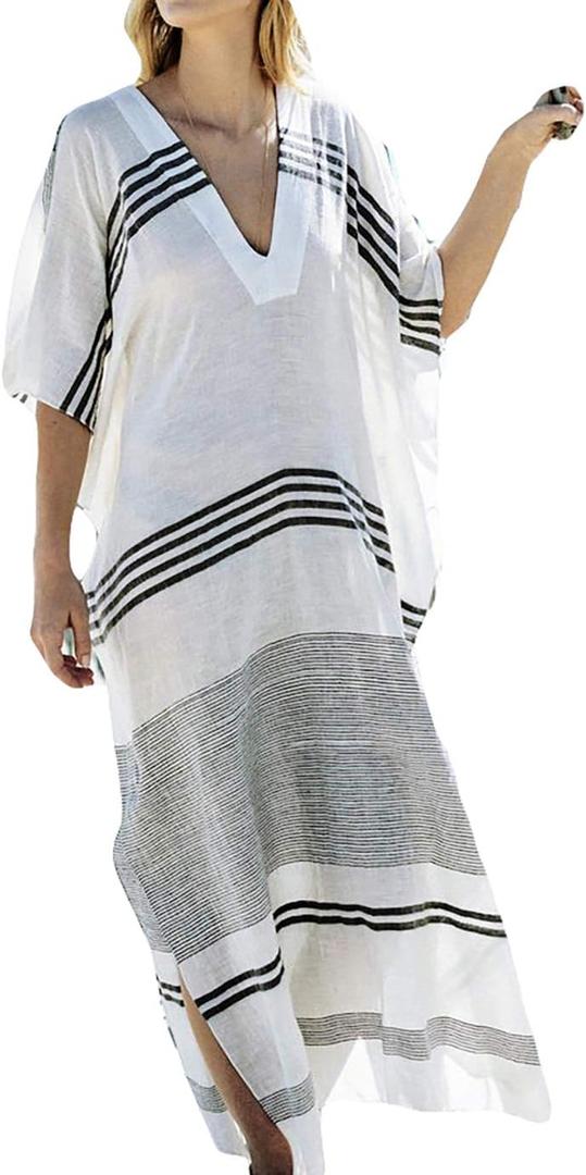 Eddoyee Loose Beach Kaftan Dresses for Women Caftan Swimsuit Cover Up (Striped 1) Medium-X-Large, One Size