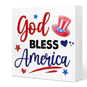 God Bless America Patriotic Wooden Sign Independence Day Table Decor Wooden 4th of July Sign Table Decorations for Home Bedroom Living Room Office Shelf Desk, 5x5 ".