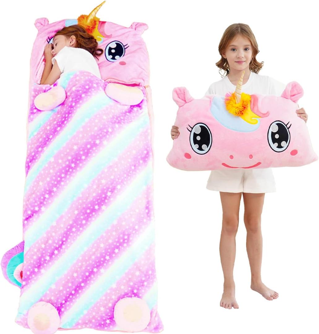 Kid Sleeping Bag with Pillow - Larger Nap Mat - Plush Slumber Bag for Boys Girls Daycare Preschool Kindergarten Birthday Gift Travel Sleepover Ages 3-12 Years