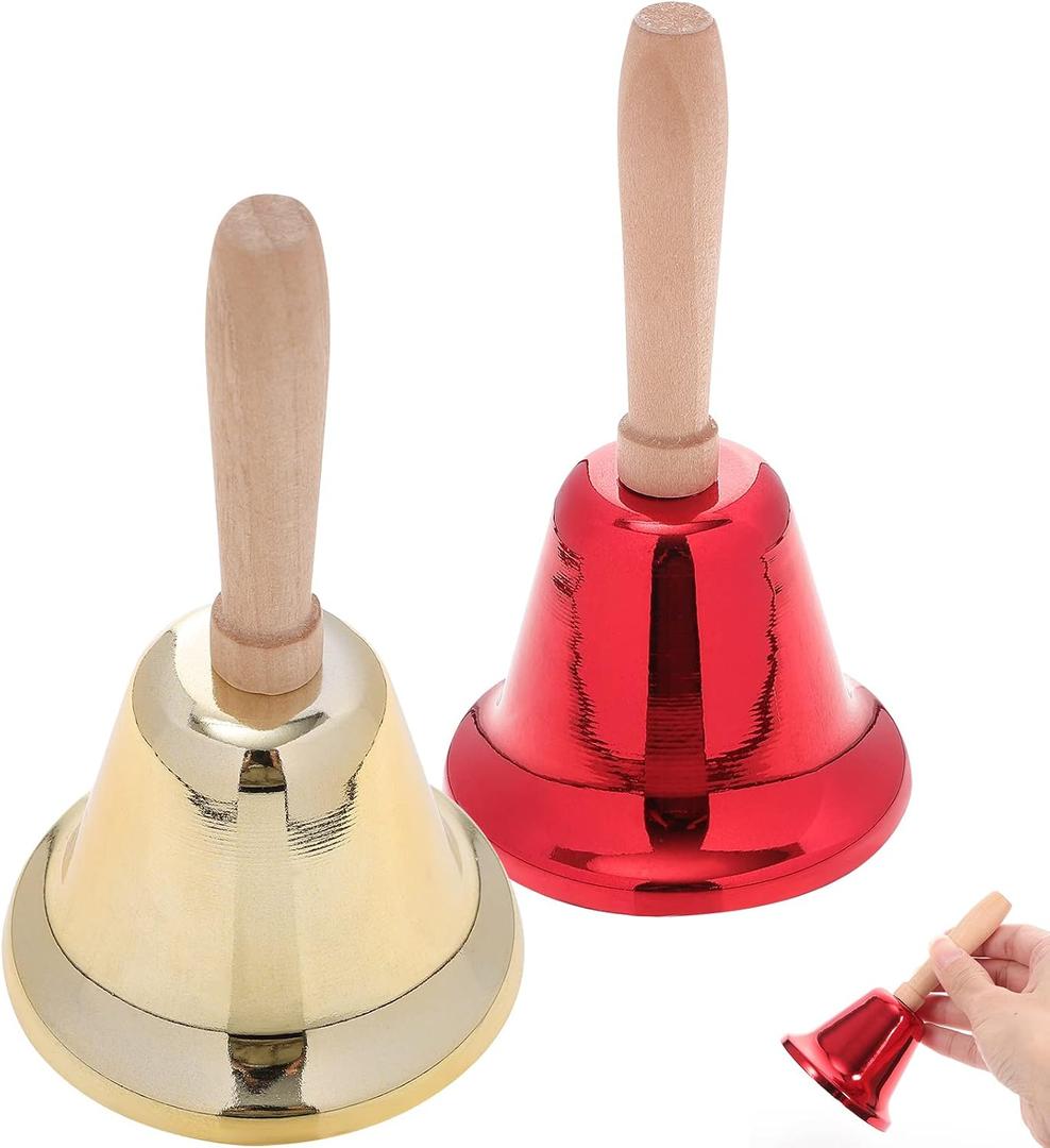 2 Pack Hand Bells with Handle Metal Rattle Bell for Camping Hiking Outdoor Safety Alert Holiday Decoration Classroom Use 4.72 X 2.48 X 2.48 in