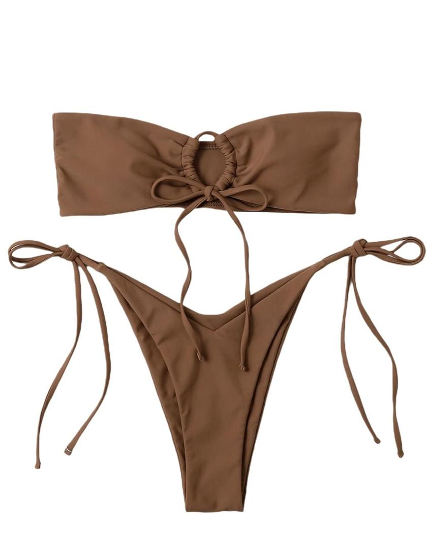 GORGLITTER Women's Strapless Bandeau Swimsuit High Cut String Thong Cheeky Bikini Set Bathing Suit XS