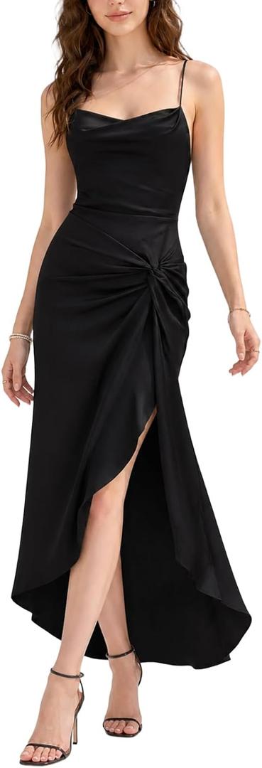 SUNSTORY Black Satin Maxi Dress: 2026 Women’s Backless Sleeveless Bodycon Formal Gown, High Slit Tie Back Dresse (L)