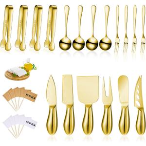 Patelai Charcuterie Board Accessories Cheese Spreader Knife Set Charcuterie Utensils Butter Knife Stainless Steel Mini Serving Tongs Spoons Appetizer Forks for Pastry Christmas(Golden,18 Pieces)