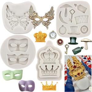 Masquerade Mask Silicone Mold Crown Fondant Mold Alice in Wonderland Hat Playing Cards Chocolate Mold For Sugar Cake Decoration Cupcake Topper Candy Polymer Clay Gum Paste, Set Of 4