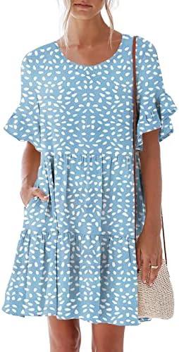 nclook Womens Summer Casual Dresses Sweet Cute Crew Neck Mini Dress with Pockets Ruffle Short Sleeve Small