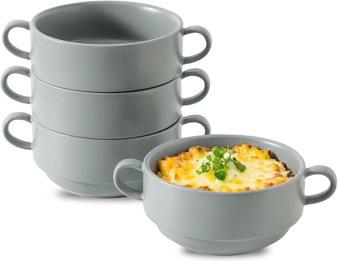 Tikooere Soup Bowls, 22 oz French Onion Soup Bowls with Handles, Stackable Ceramic Bowls Set of 4, Dinner Bowls for Chili, Beef Stew, Soup, Cereal, Oven Microwave Dishwasher Safe, Matte Gray