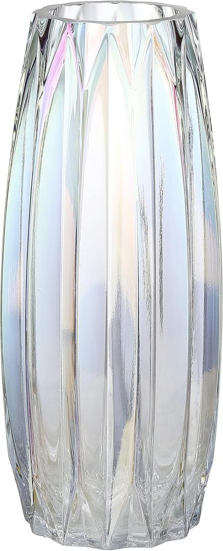 Modern Ribbed Glass Vase for Flowers, Candles and Decorative Accents  Black, Grey, Amber, Clear and Colored Tall/Short Vase for Centerpieces and Home Table Decor (Clear, H11.8inch)