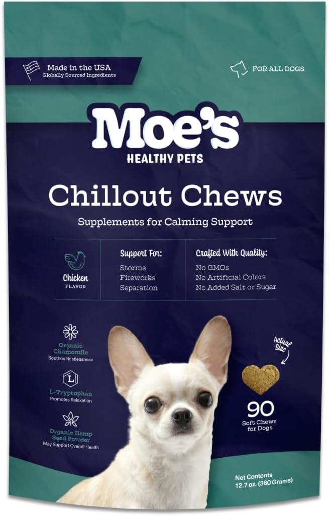 Moes Calming Chews for Dogs 90ct Natural Anxiety Relief with Hemp, Chamomile, and Tryptophan Calming Dog Treats for Separation, Fireworks, Travel and Storms (Chicken), BB Date: 06/2026