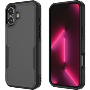 Compatible with iPhone 16 Case, Drop Protection Shockproof Protective Hybrid Dual Layer Hard Plastic Cover + Shock Absorbing Silicone Rubber Case for iPhone 16 6.3", Black