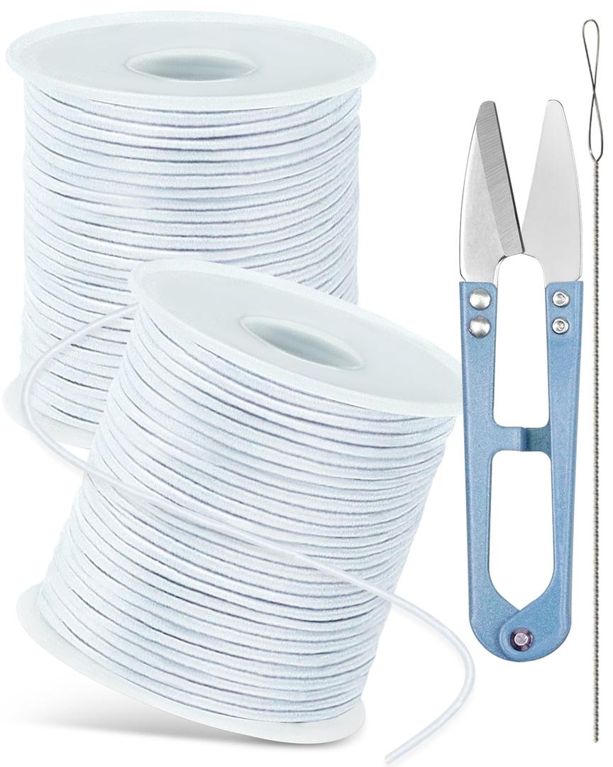 2 Rolls FIVEIZERO White Elastic Bracelet String Total 330 Feet,1mm,1.2mm,1.5mm Elastic Cord for Beading Stretchy String with Beading Needle for Bracelets, Sewing, Necklace, Jewelry Making and Crafts