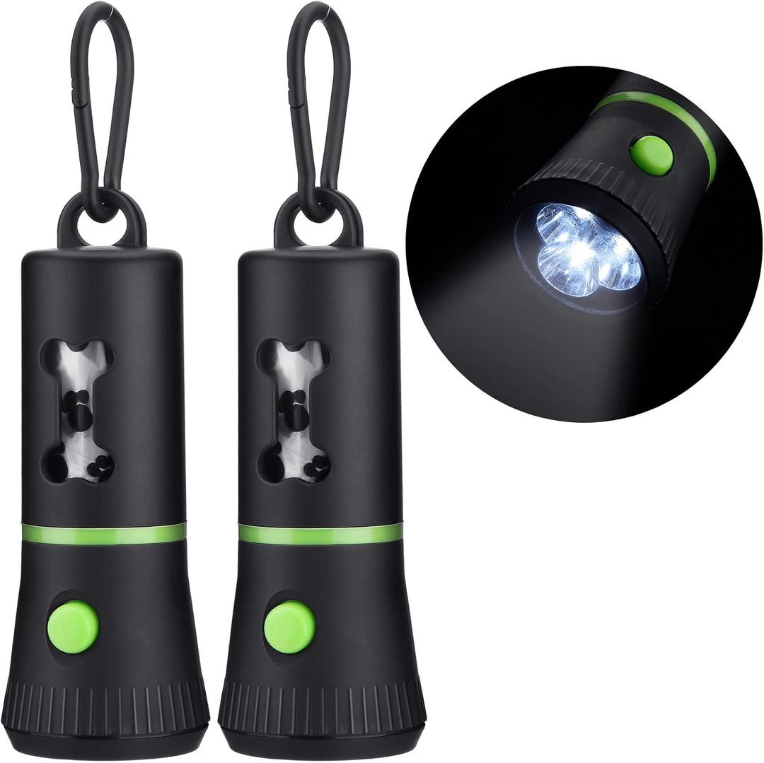 Mudder 2 Pack Dog Poop Bag Dispenser with Built-in LED Flashlight Pet Waste Bag Holder for Leash with Carabiner Clip for Lead Leash 2 Rolls Leak-proof Doggy Waste Bags for Dog Walking