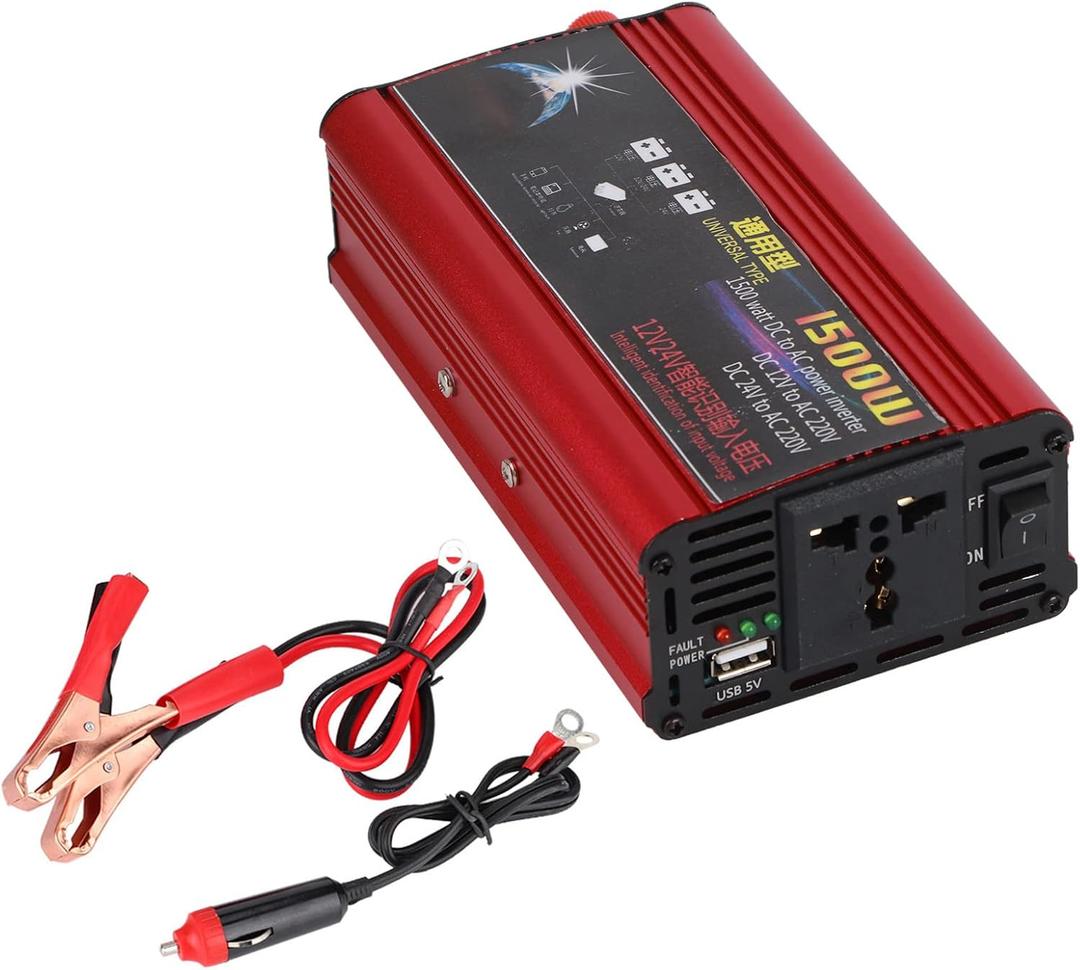 1500W Car Power Inverter USB Charger Converter Adapter Modified Sine Wave DC 12V/24V to AC 220V Metal Plastic Modified Sine Wave Power Inverter Red + Black