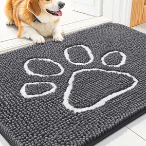 Smiry Dog Door Mat for Muddy Paws, Absorbent Dirt Trapper Non Slip Quick Dry Washable Chenille Mat for Mud Dogs, Entry Rug for Indoor and Outdoor (30x20 Inches, Dark Grey and White)
