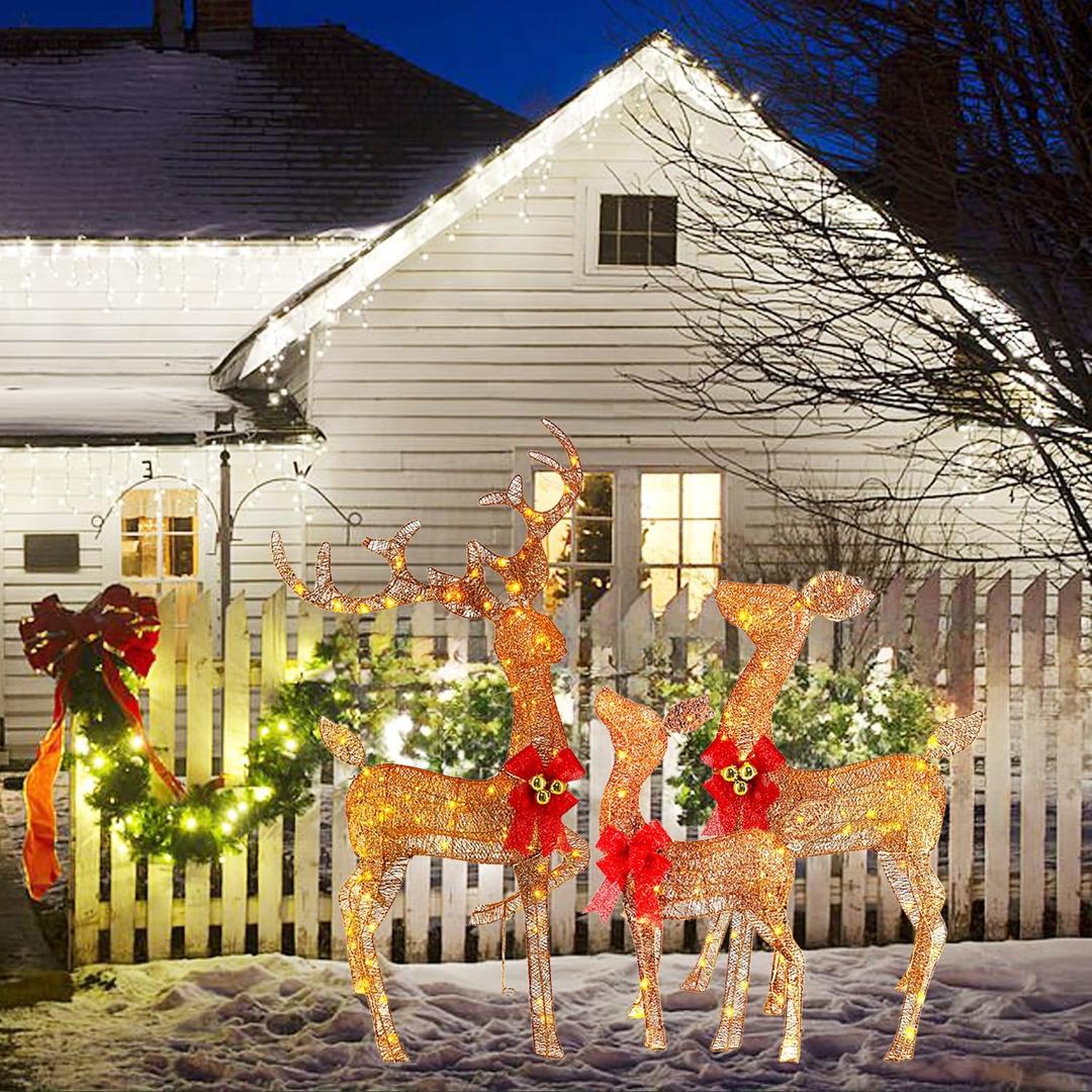 5ft Lighted Reindeer Outdoor Christmas Decorations, 240 LED Handmade 3D Large Deer, Metal Frame, Weatherproof Safe Material, Light Up Yard Stakes for Garden Patio Party Indoor, Plug and Play, Brown