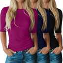 Riyiper 3 Pack Women's Half Sleeve Tops Crewneck 1/2 Sleeve T Shirts Elbow Length Tops Slim Fit Cotton Blend Basic Tees, XL
