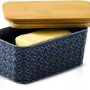 Ceramic Butter Dish with Lid,Large Butter Container with Airtight Cover for Countertop or refrigerator,Farmhouse Butter Holder for Kitchen Gifts,Dishwasher Safe,Navy Blue Embossed Pattern