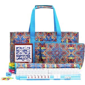 American Mahjong Tile Set with Blue Printed Carrying Bag, 166 Premium White Tiles, 4 All-in-One Color Racks/Pushers, Mah Jongg Sets, Complete Mahjong Game Set for Travel