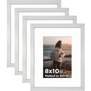 KINLINK 8x10 Picture Frame Silver Set of 4, Wooden Photo Frames Matted 5x7 with Plexiglass for 5x7 with Mat or 8x10 without Mat for Table and Wall Display